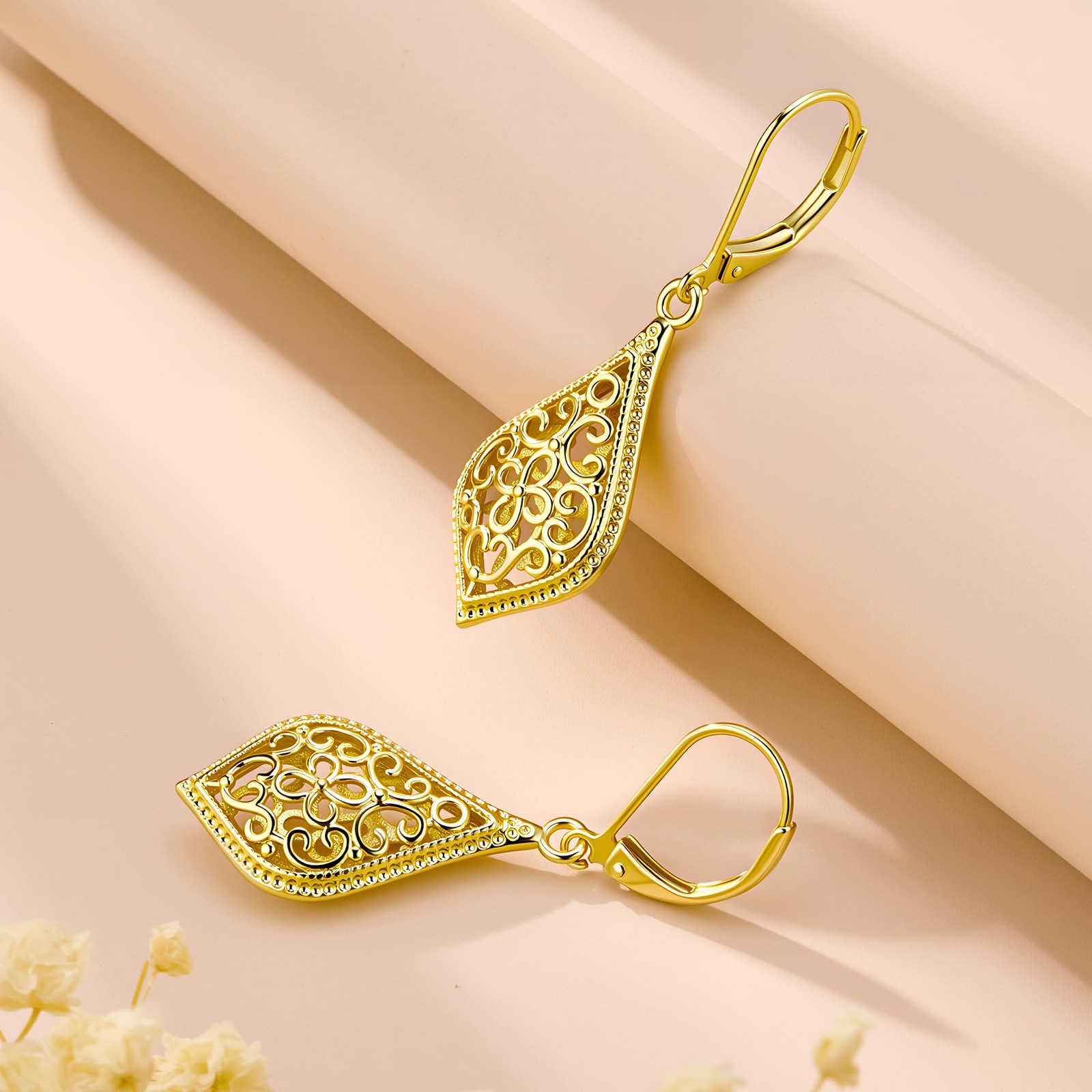 14K Gold Dangle Earrings for Women, Filigree Dangling Leverback Earrings, Gol…