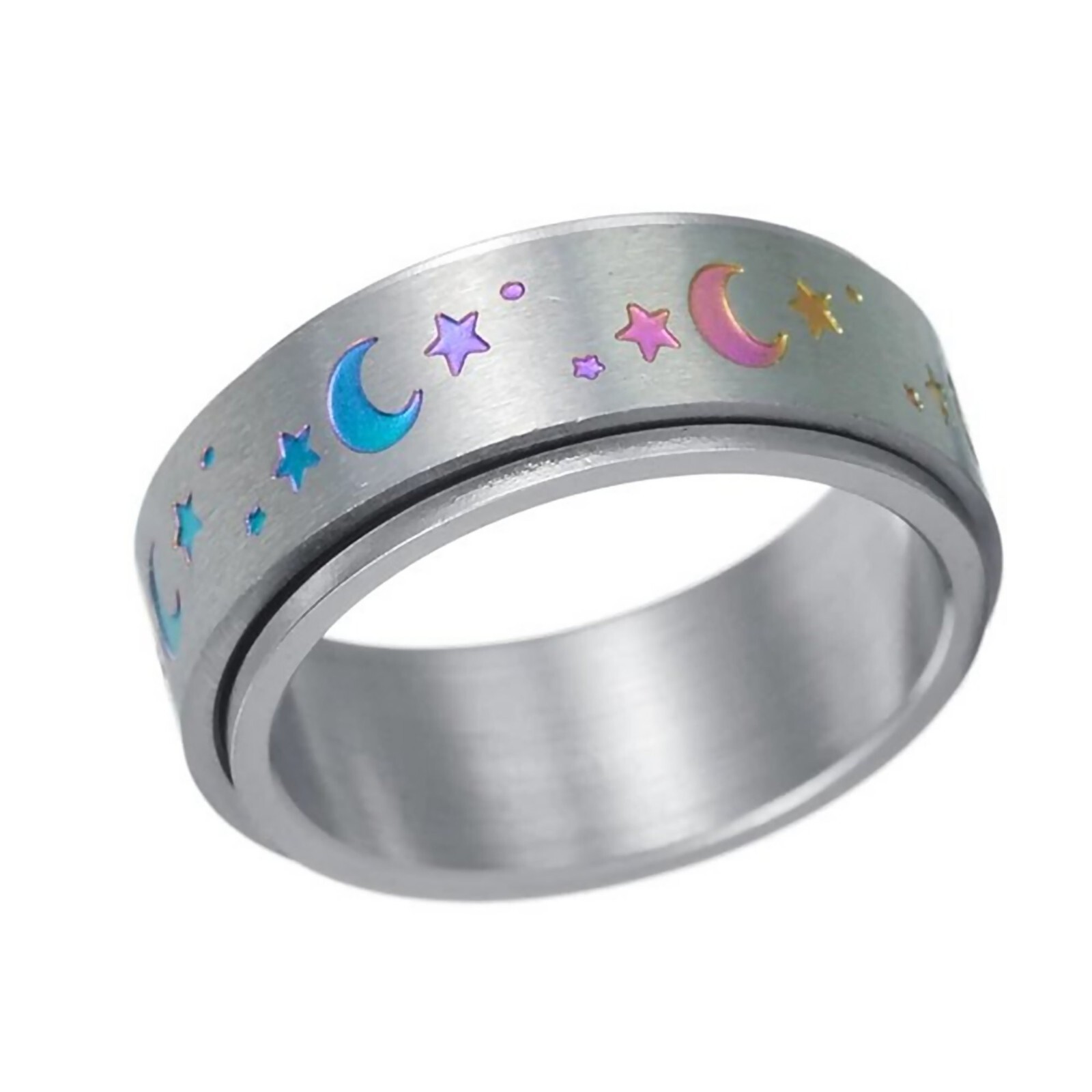 Rainbow Moon Stars Spinner Ring Stainless Steel Celestial Stress Reliever Band