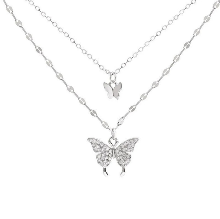 1pc Shiny Butterfly Necklace Double Layer Clavicle Chain Jewelry for Women – NEW