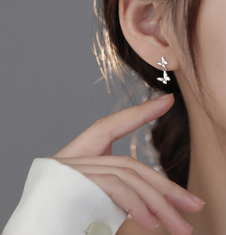 Women Girl 925 Sterling Silver Dangle Drop Butterfly Stud Earrings I107