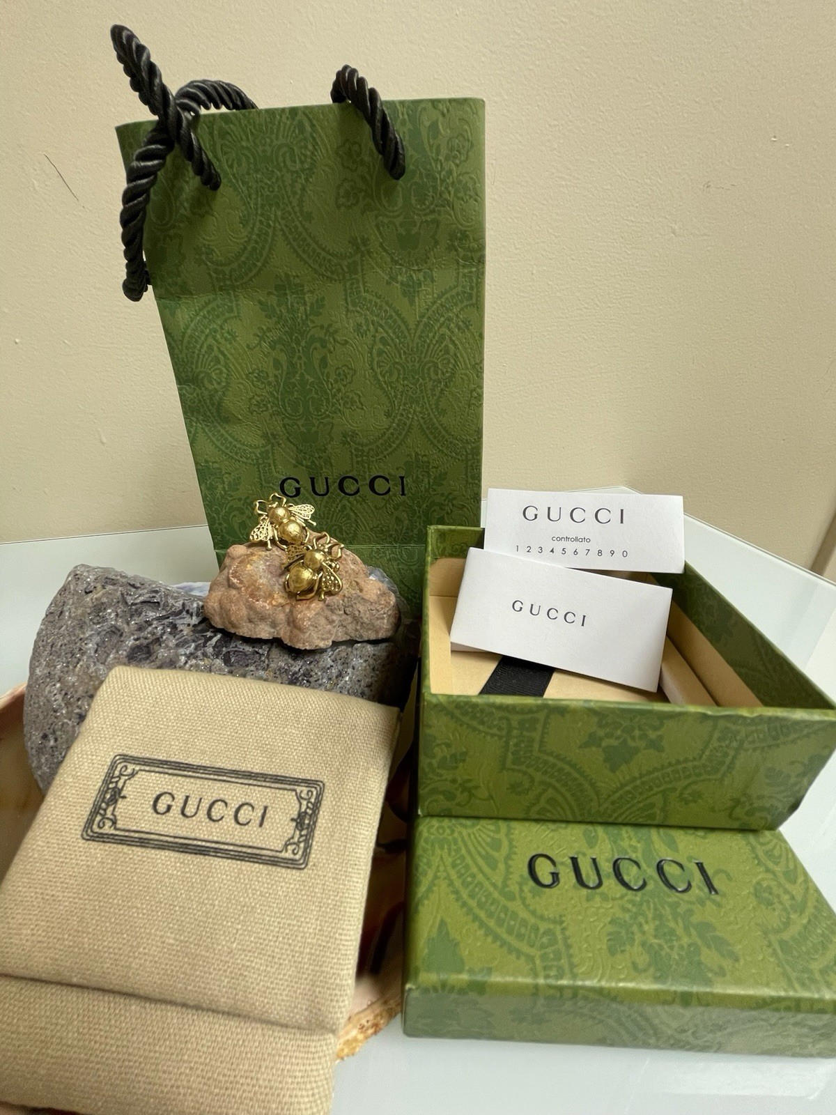 GUCCI Gold Tone Bees Pierced Stud Earrings W/Pouch, Box, Bag, Ribbon