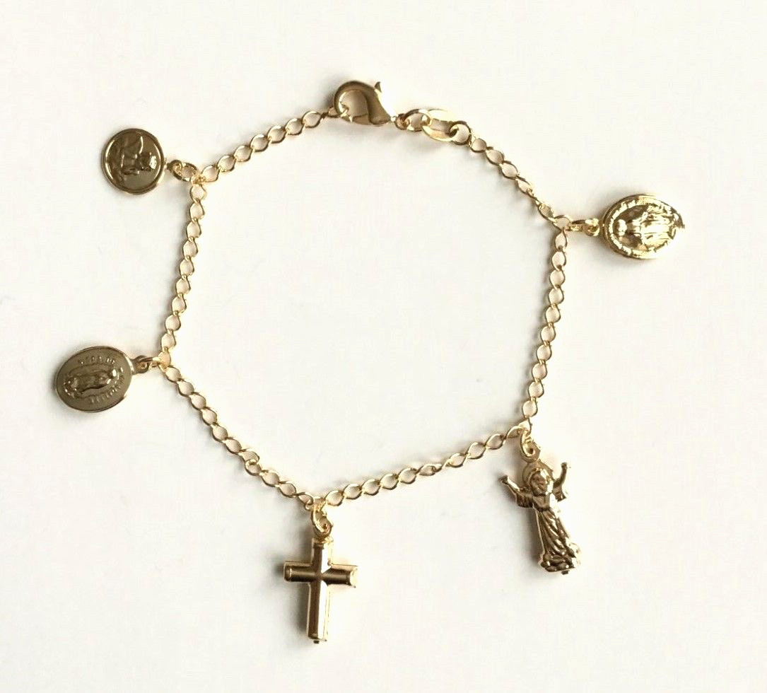 18K GOLD FILLED GUADALUPE ,DIVINE CHILD, CROSS, ANGEL BRACELET ADULT – BR179