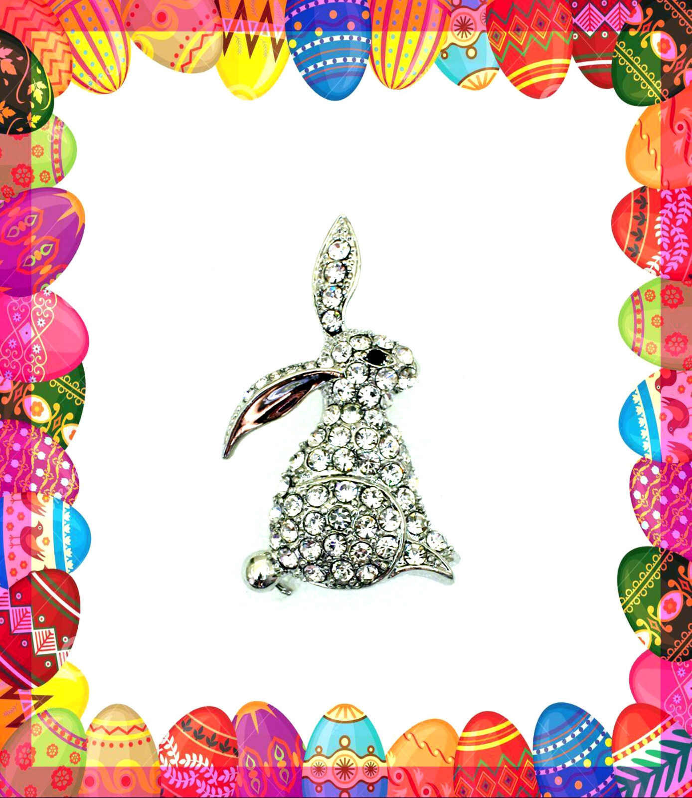 CLEAR WHITE RHINESTONE EASTER BUNNY RABBIT SILVER BROOCH PIN~CUTE SPRING GIFT