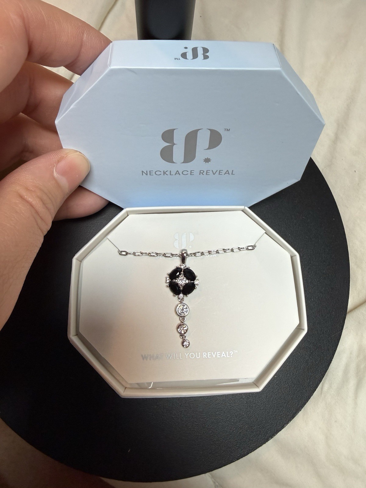 BP Silver Tone Asymmetrical Drop Pendant Necklace Black Onyx Oval Crystal