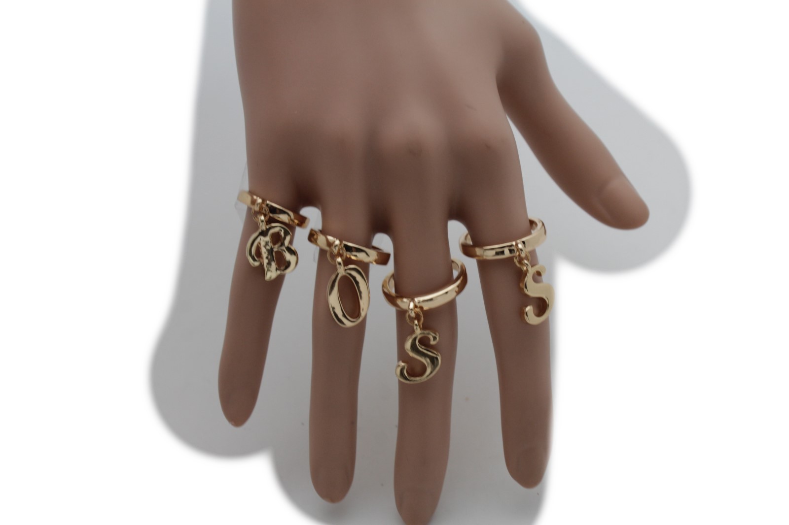 Women Gold Metal Urban Fashion Jewelry Set 4 Rings BOSS Word Bling Bands Hip Hop