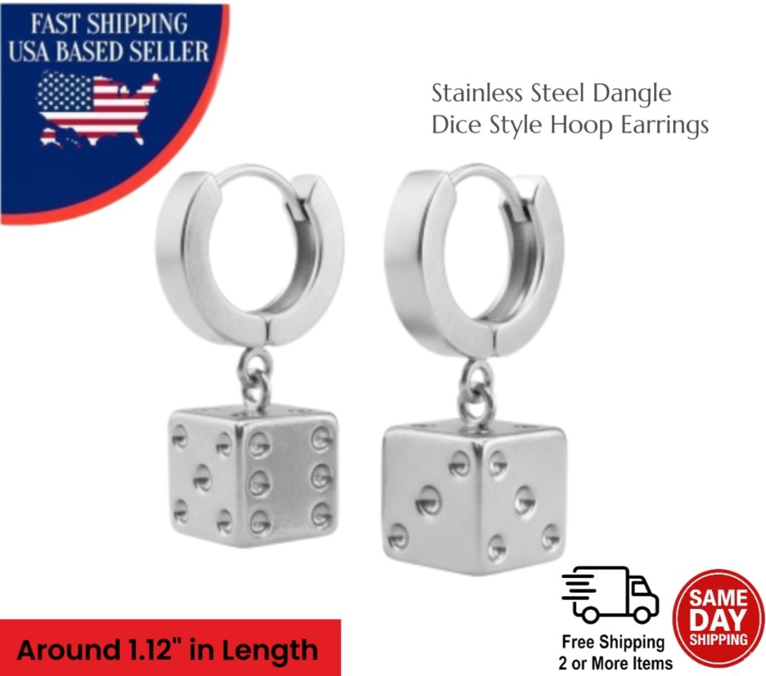 Stainless Steel Dice Dangle Hoop Earrings Mens Womens Punk Gothic Jewelry New