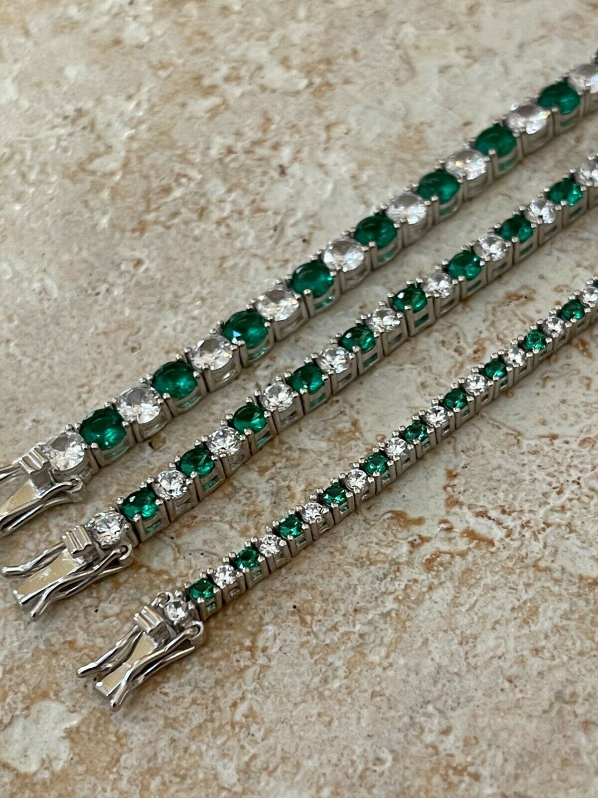 Tennis Bracelet SOLID 925 Sterling Silver Iced Simulated Diamond & Green Emerald