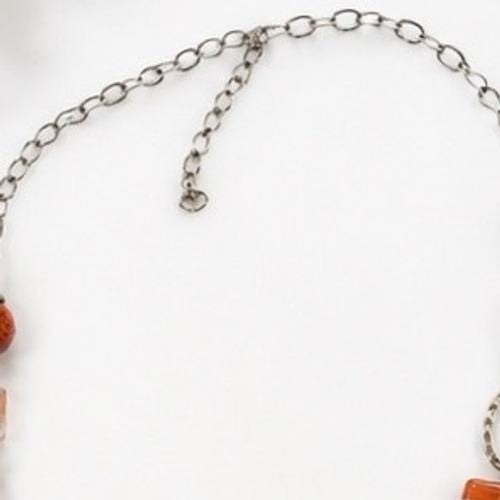 Boho Mixed Media Statement Necklace Orange Black Silver Beaded Chunky Long Line