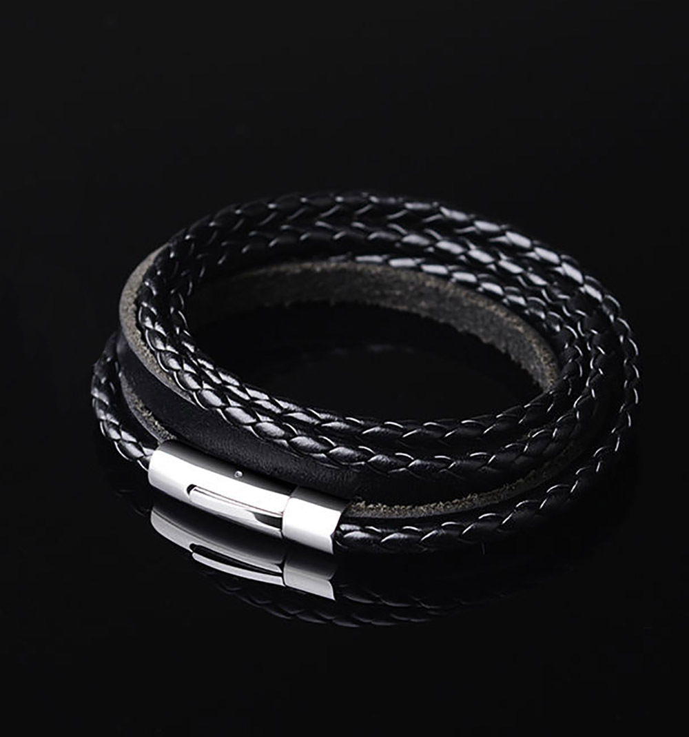 Unisex Black Braided Leather Wrap Bracelet Stainless Steel Clasp 55cm