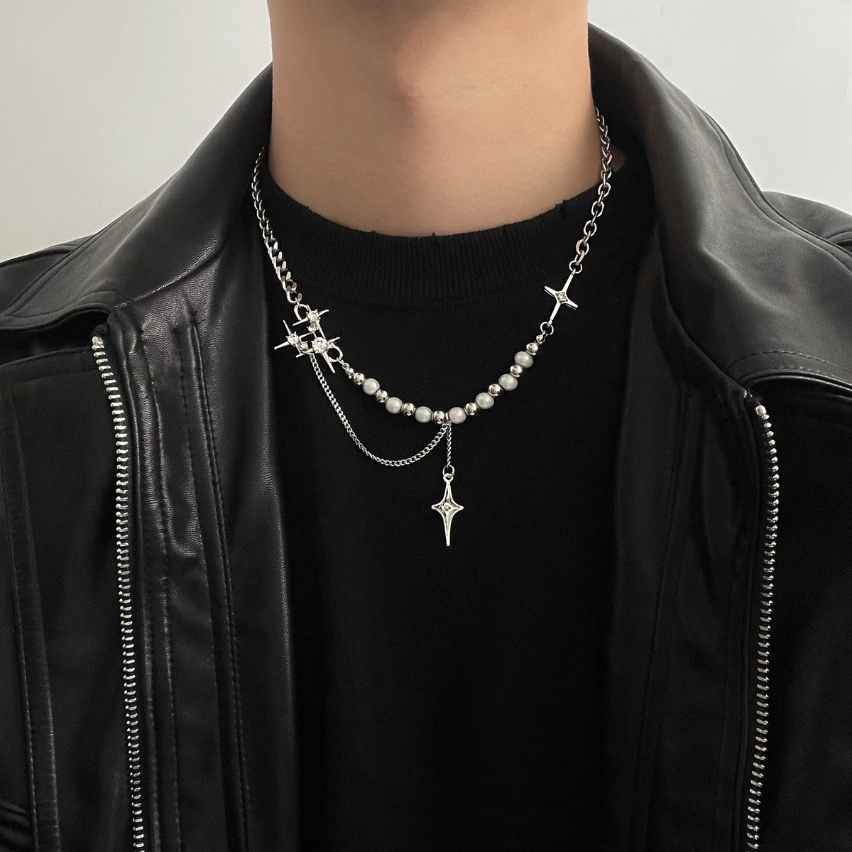 Women’s Vintage Eight Point Star Necklace Reflective Pearl Jewelry