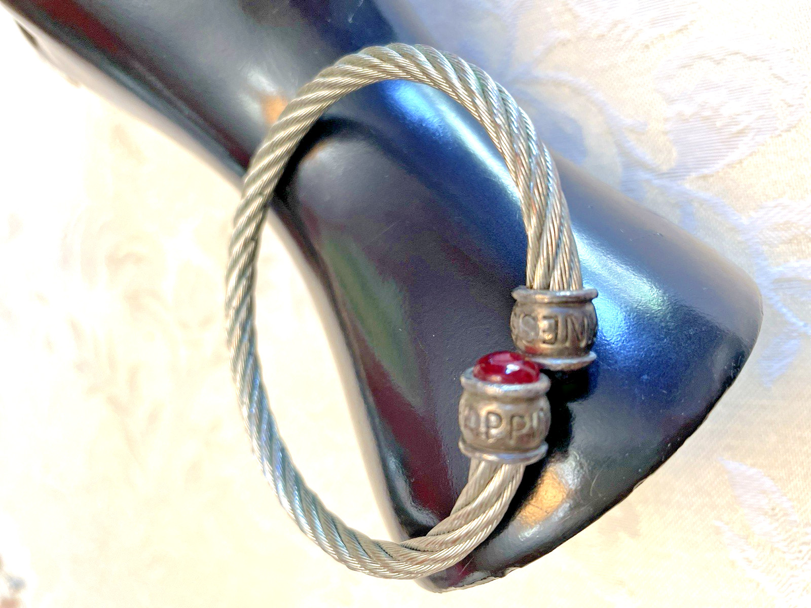 Wraparound Cuff Bracelet Red Cabochons Mogul Twisted Cable Happiness Vtg Estate