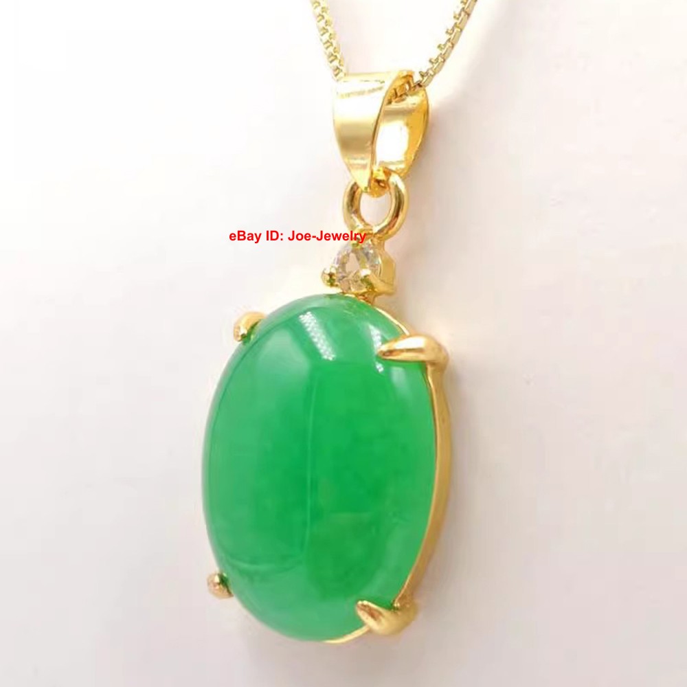 Yellow Plated Alloy Heated Oval Green Jade Pendant Vintage Chinese Style 33mm H