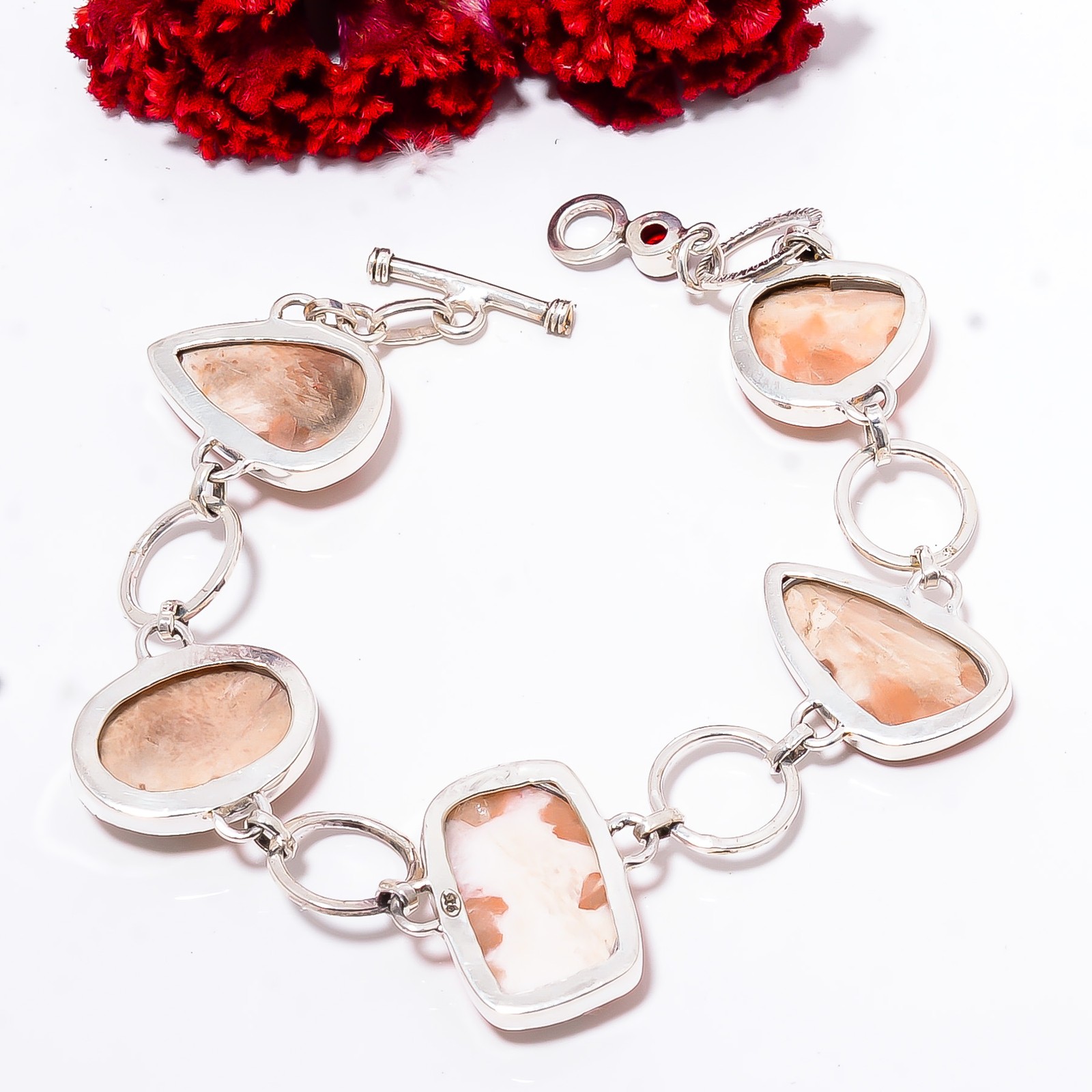 Orange Calcite & Red Garnet 925 Silver Plated Bracelet Adjustable 7-7.99″ B11