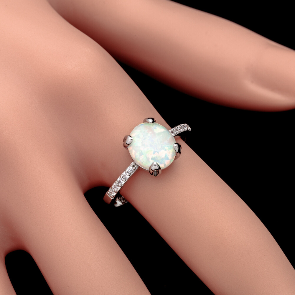 7×9 Oval White Fire Opal CZ Silver Jewelry Women Solitaire Ring Size 6 7 8 9 10