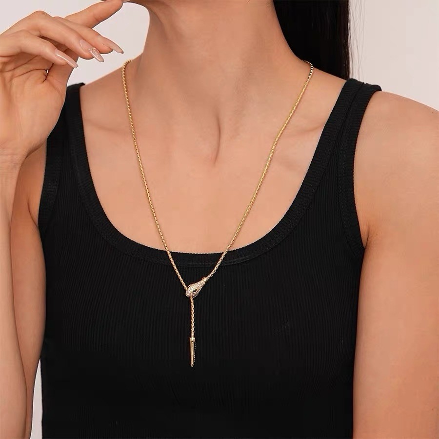 Snake Lariat Necklace Green Crystal Adjustable Waterproof Gold Tone