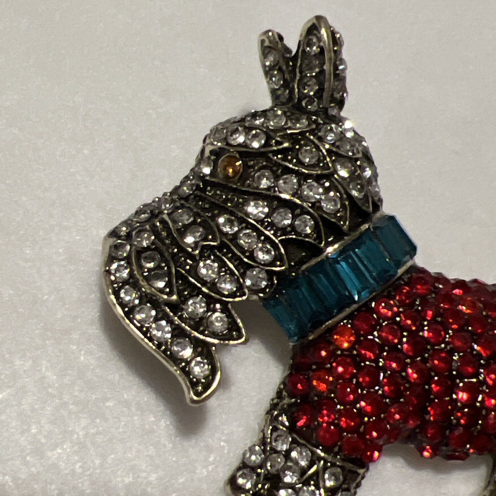 Scottie Terrier Dog Brooch 2.5″ Red Rhinestone Blue Collar