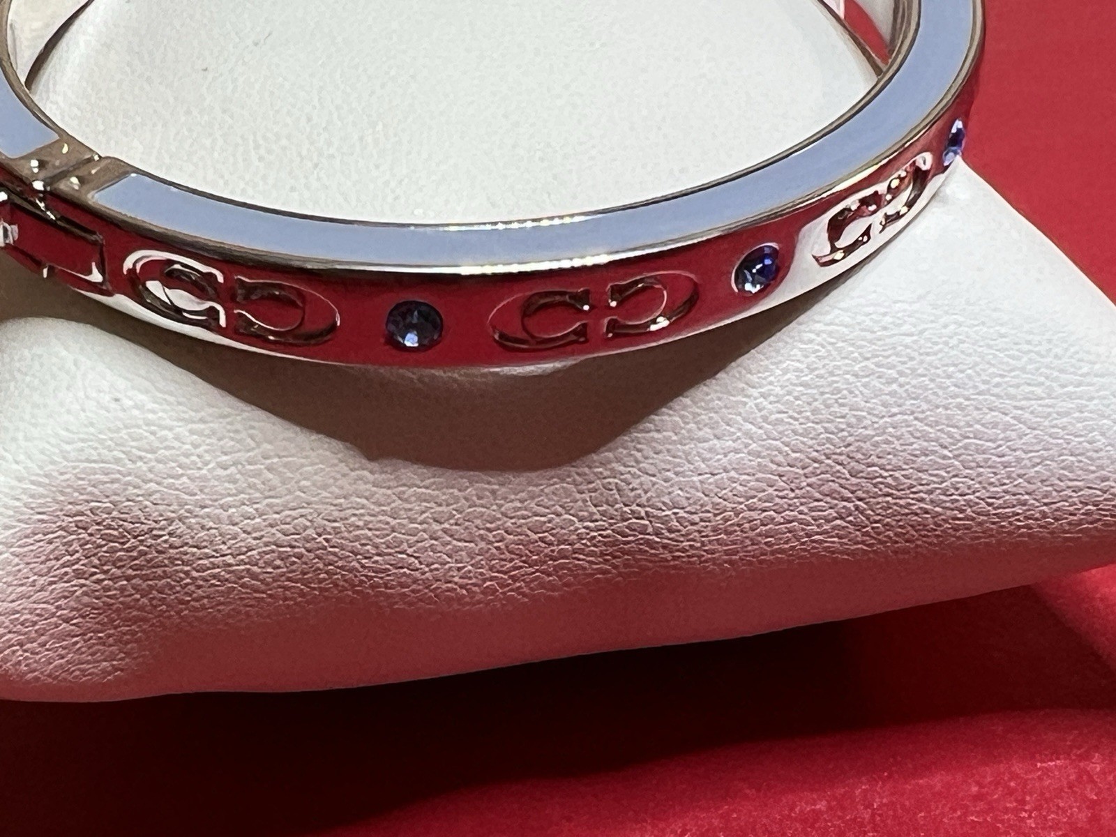 Coach Kissing C Hinged Bangle Bracelet Silver with Pool Crystal Accents – F59083