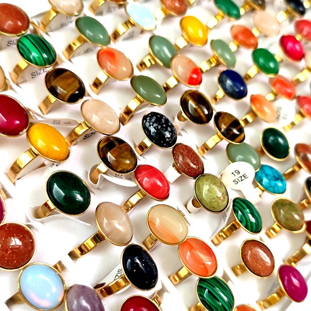 20Pcs Natural Stone Stainless Steel Ring Oval Cabochon Gemstone Ring For Women