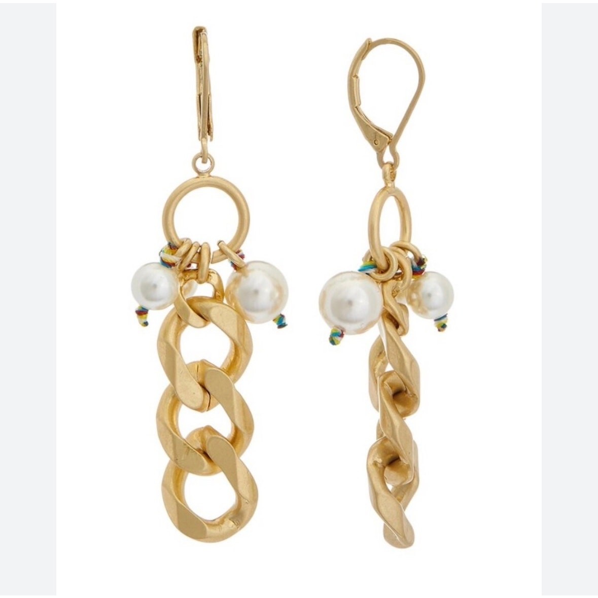 Cabi Wisdom Earrings Brushed Gold Color Chain Faux Pearls Dangle