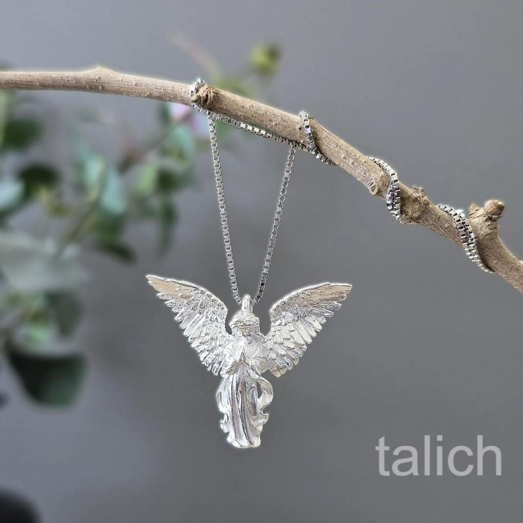 Shiny 925 Sterling Silver Open Wings Praying Angel Pendant Necklace Unique Gift