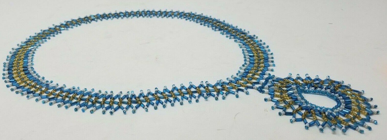 Native Style American Beaded Necklace~Blue, gold, white~Boho, Hippie~Circle