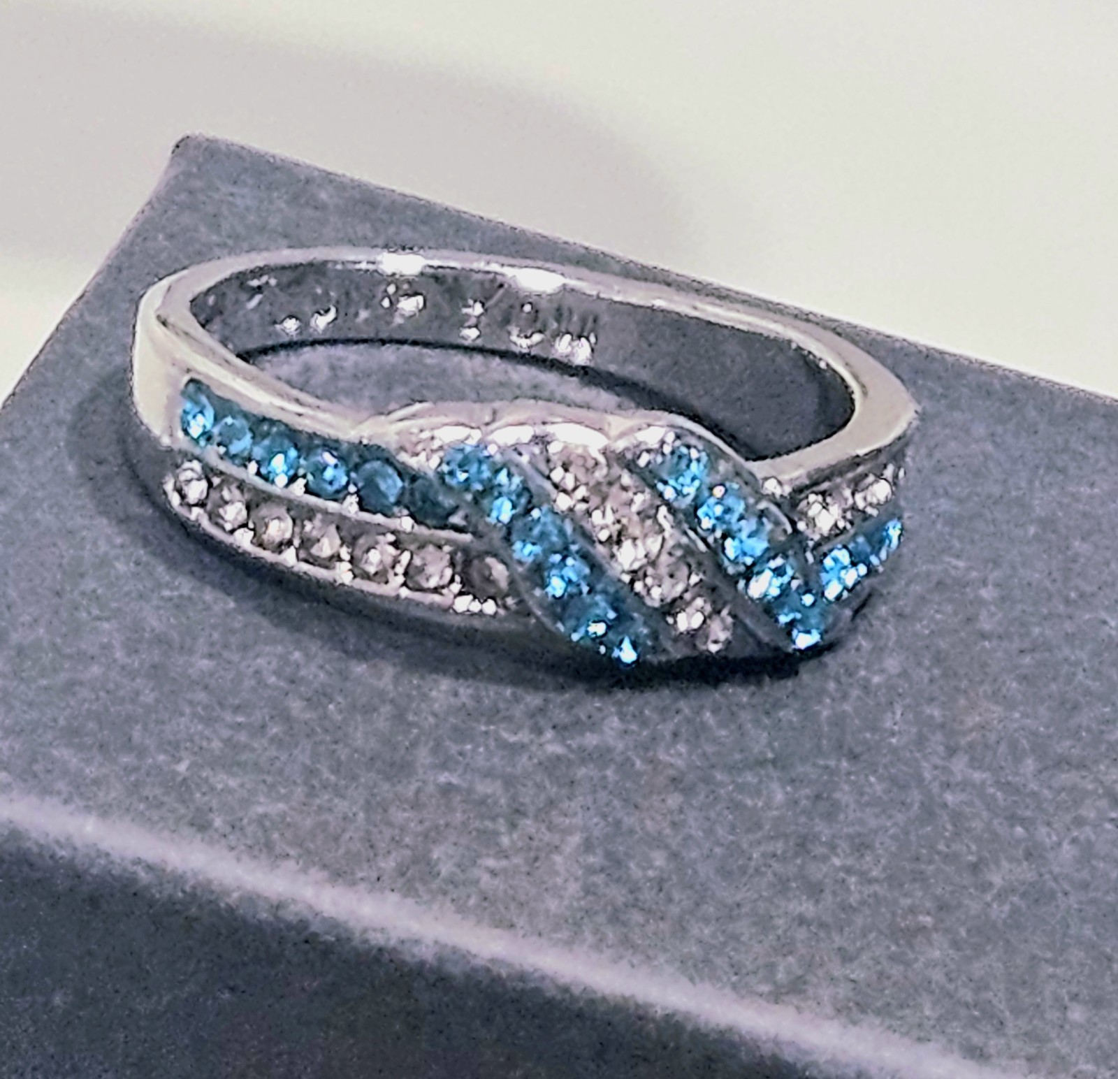 Silver Plated Ring with Light Blue and White Synthetic Zircon Stones, Size 8