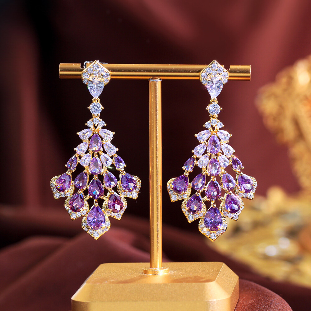 Women Yellow Gold Plated CZ Purple Crystal Chandelier Teardrop Dangle Earrings