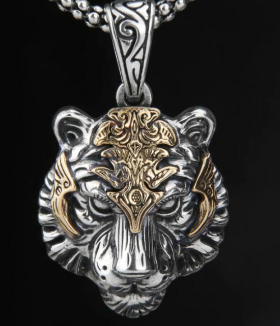 NEW Alloy Steel Mens Punk Biker Tiger Head Pendant Necklace Men Silver Gold