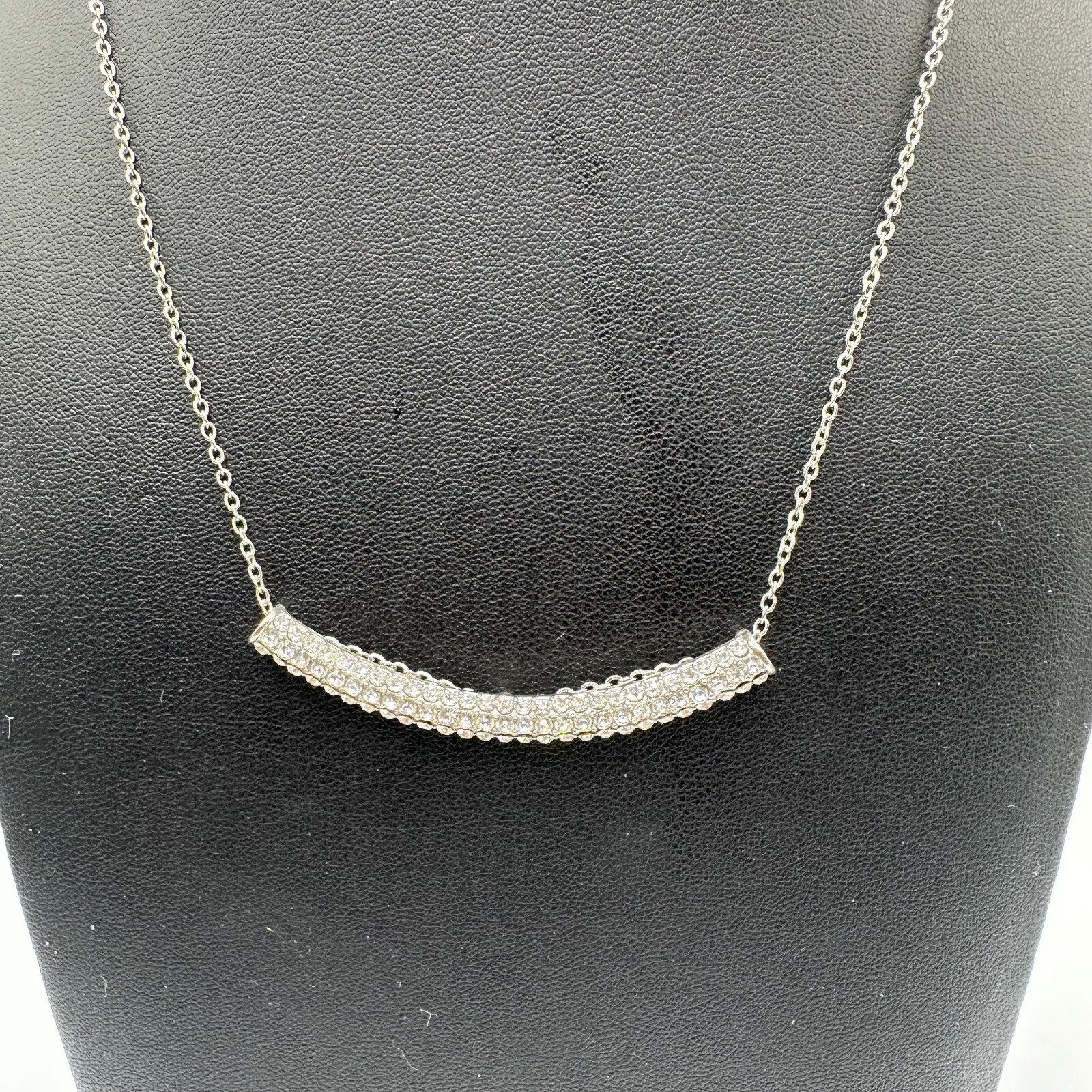 Rhinestone Bar Necklace Women Silver Tone Dainty Thin Chain Lightweight 14 Inch