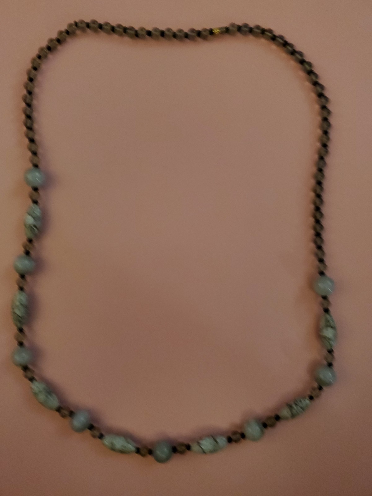 Handmade 23.5 in Glass Stone Beaded Necklace-gray/blue/clear- twist clasp VTG