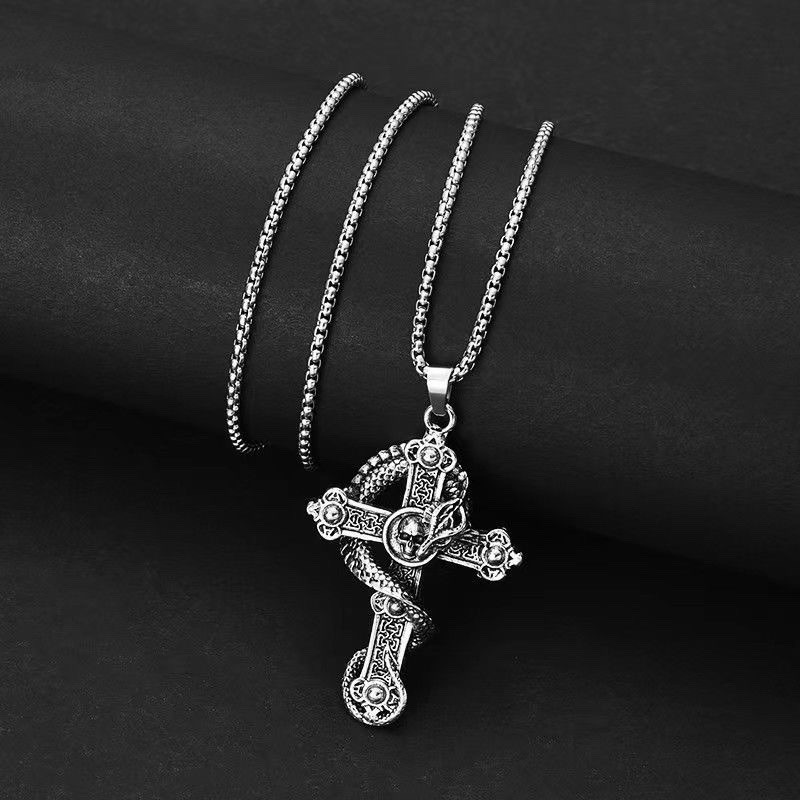 Vintage Punk Hip Hop Gothic Snake Skull Non Tarnish Cross Pendant Necklace