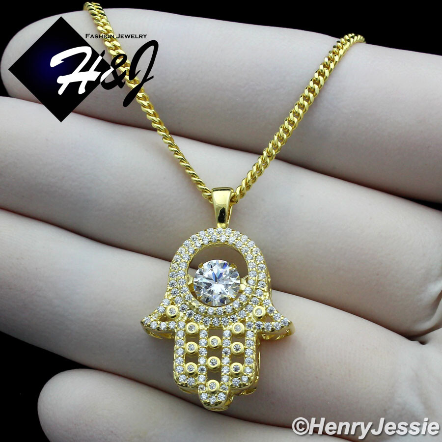 925 STERLING SILVER 24″X2MM GOLD PLATED CHAIN CUBIC ZIRCONIA HAMSA PENDANT*GP256