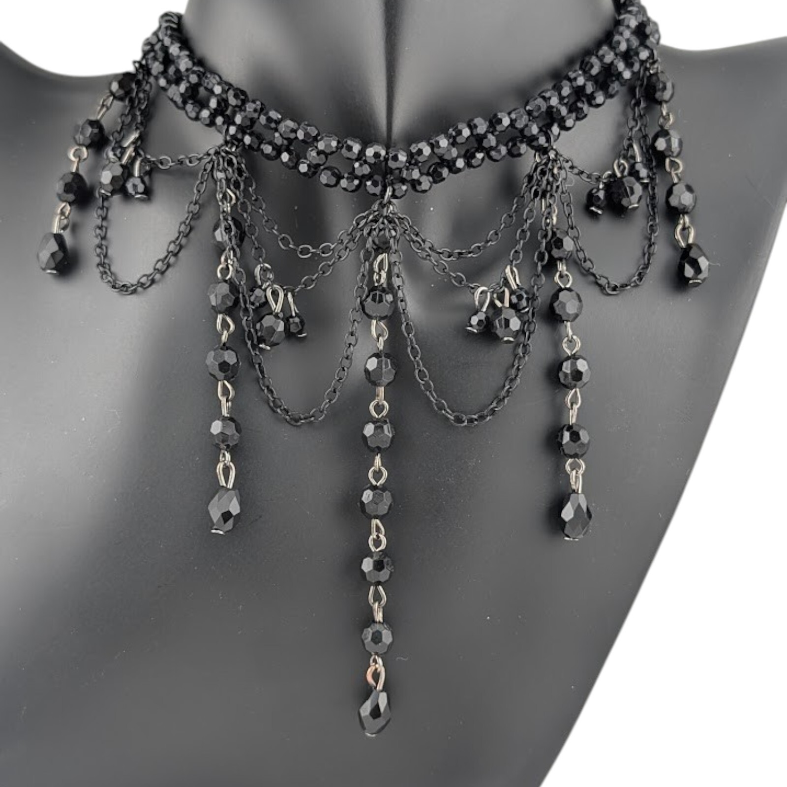 BLACK BEADED GOTHIC CHOKER layered chains drippy elegant witchy necklace 14″ M1