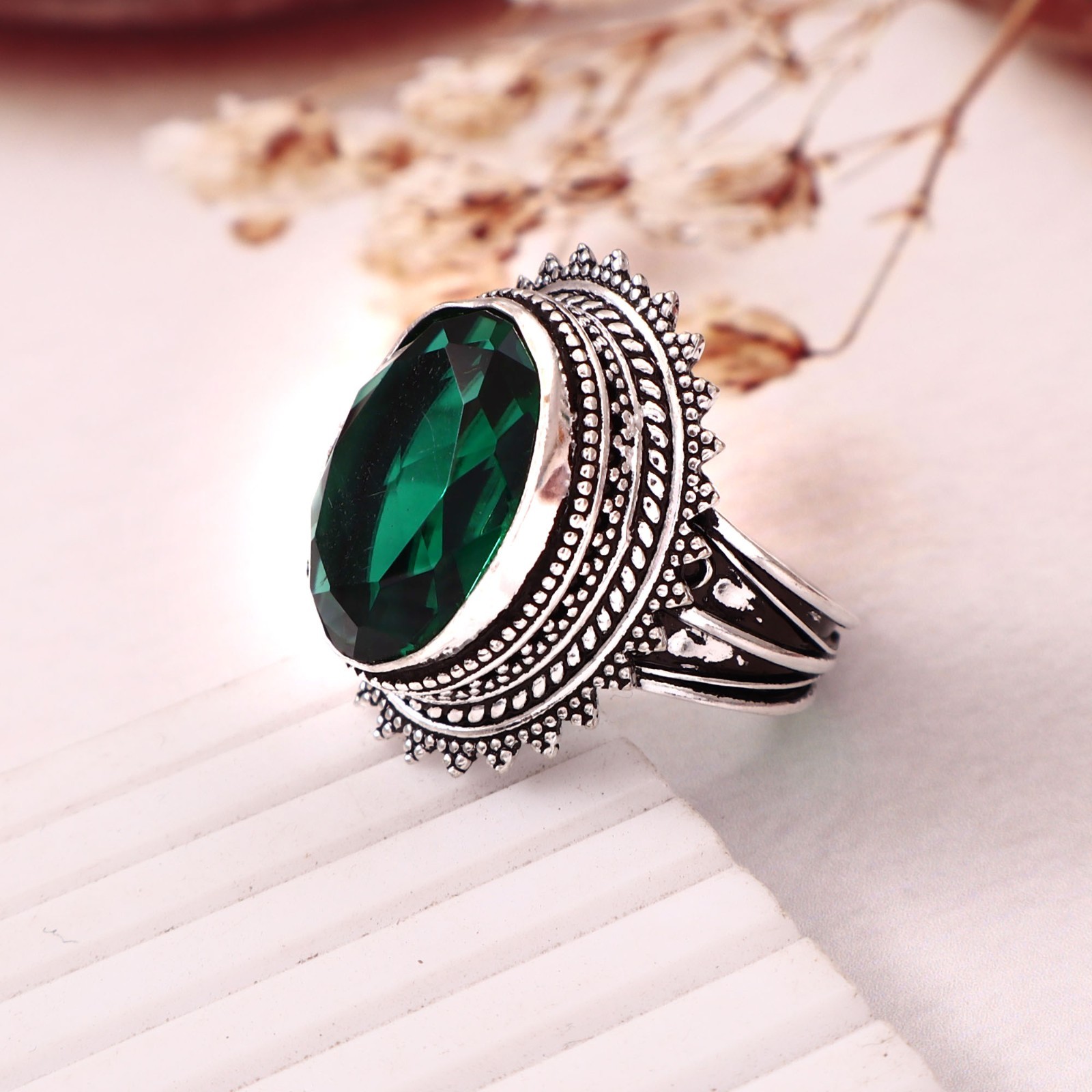 Handmade Oval Emerald Sterling Silver Statement Ring, Vintage Design