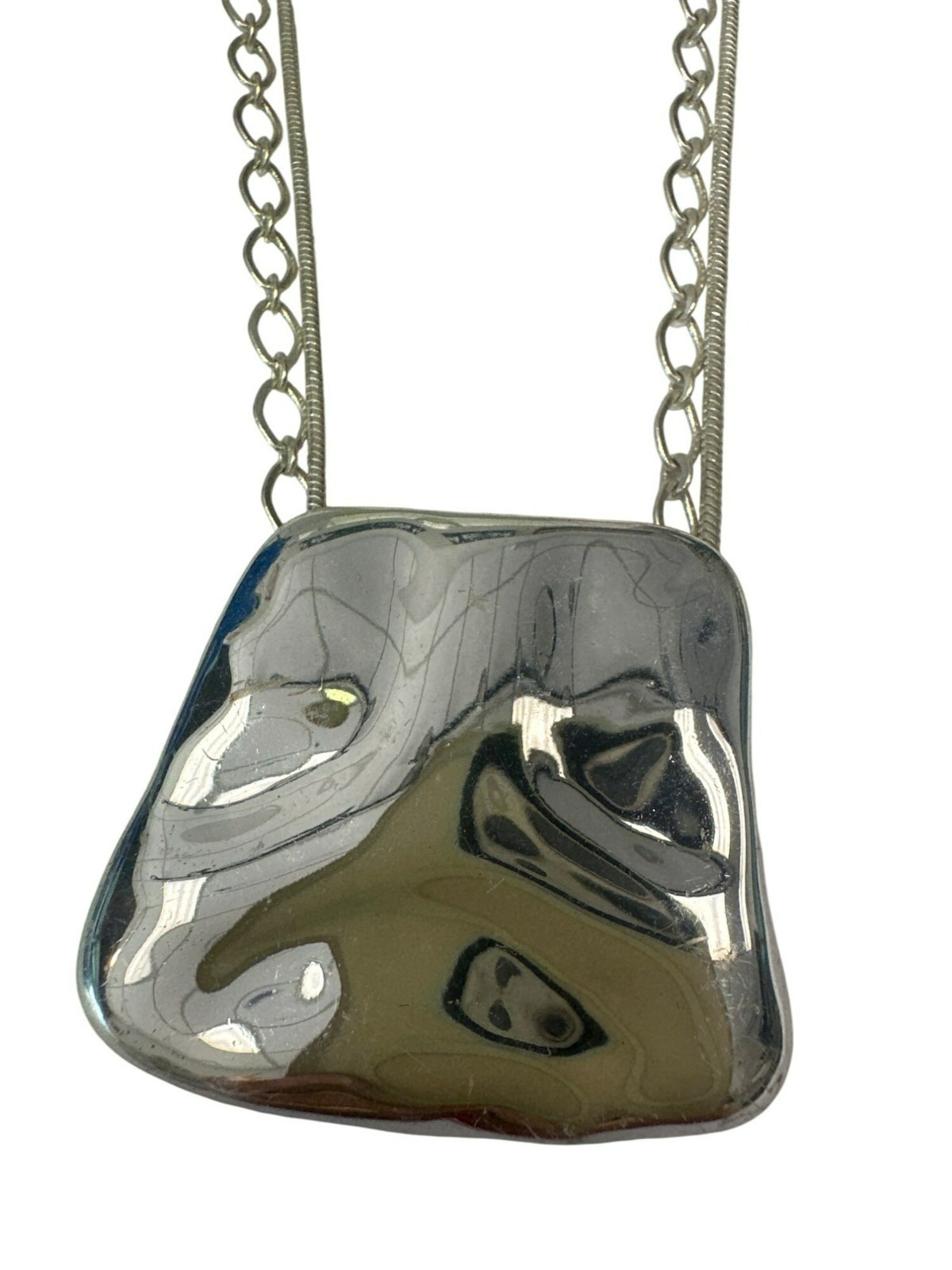 Silver Tone Pendant Necklace 18″ Shiny Geometric Wearable Art Abstract