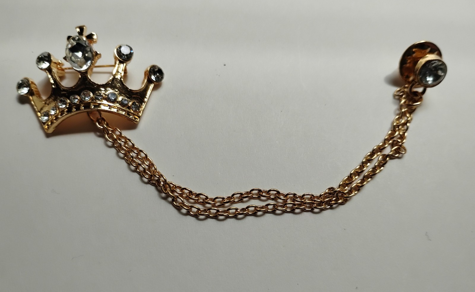 Royal Gold Toned Crown Double Chained Brooch Elegant Queen Princess Jewelry Pin
