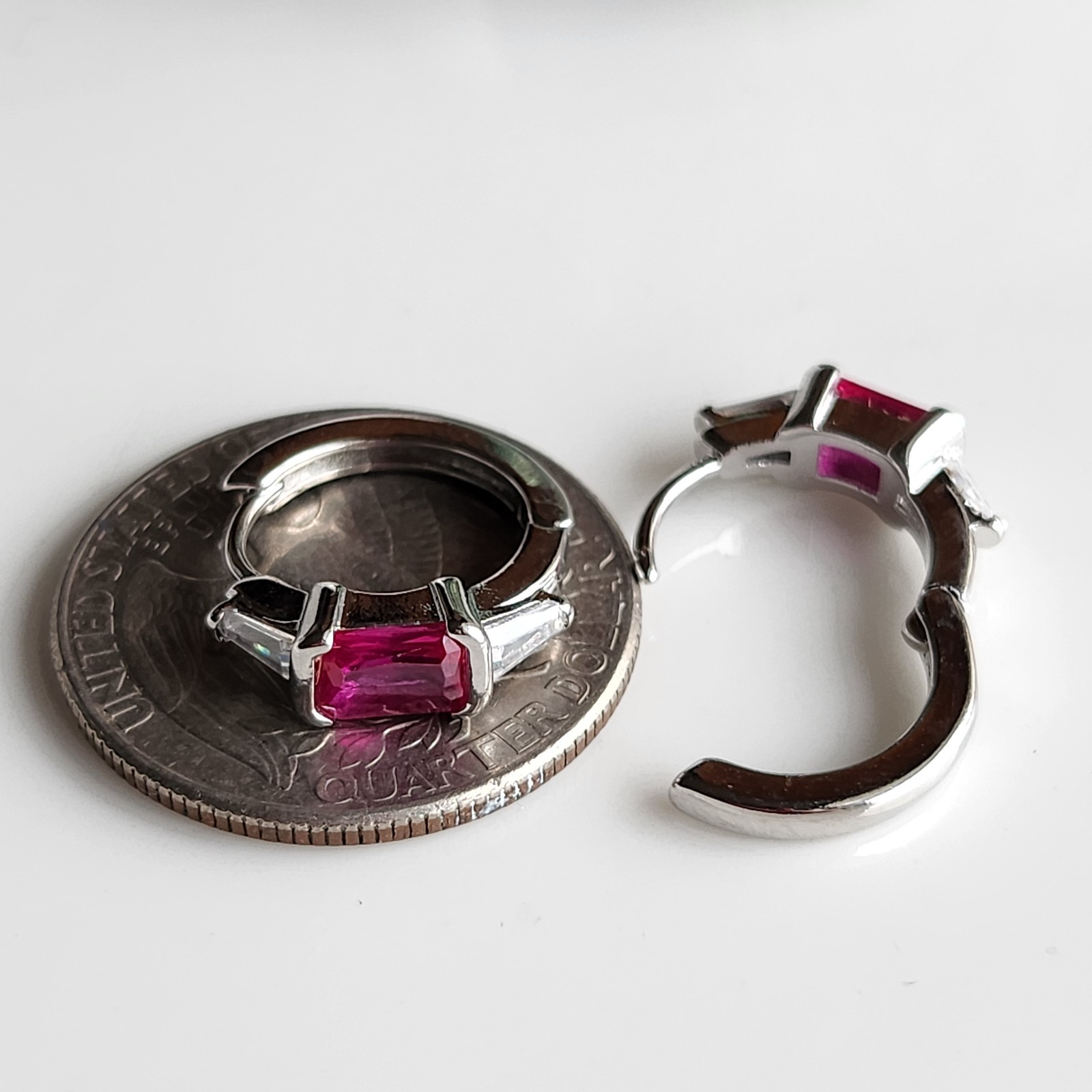 14k White Gold Plated 1.2CT Ruby 3/4” Huggie Earrings Gemstone