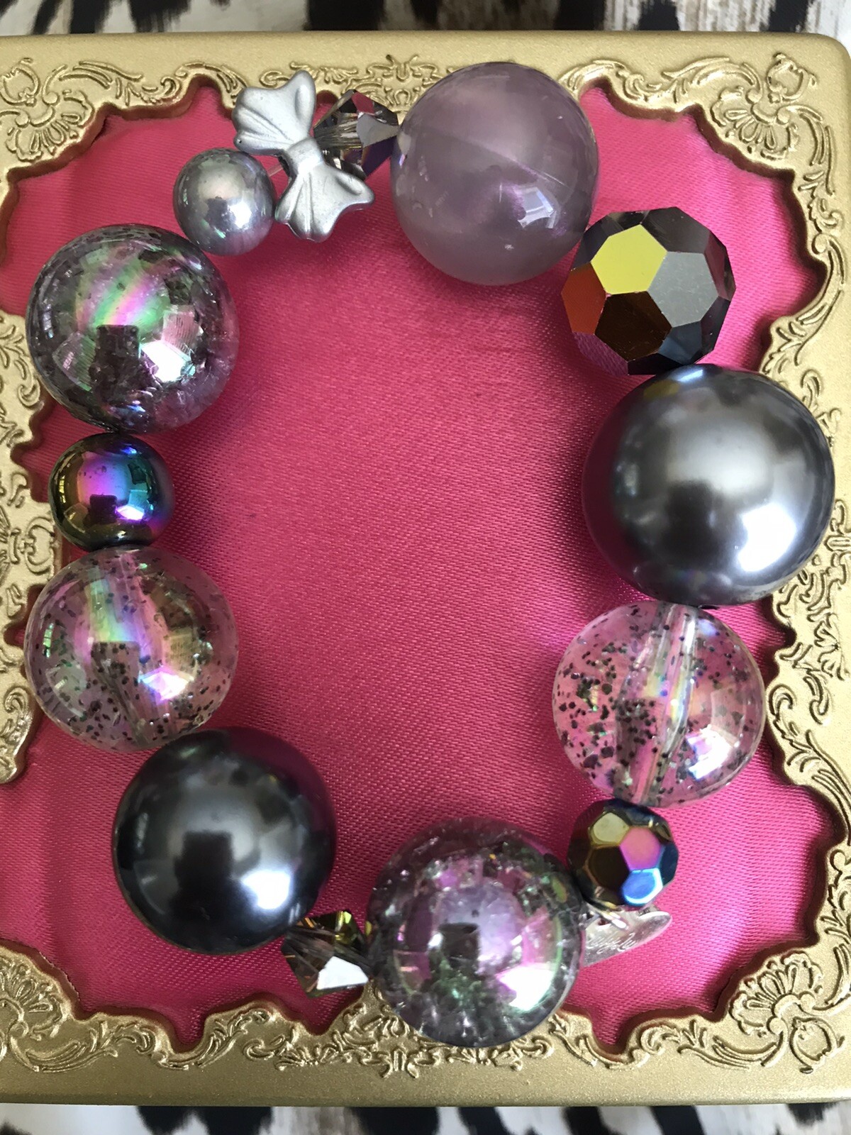 Luly Lu “Orbit” Oil Slick Lucite Grey Pearl Ball Bead Swarovski Crystal Bracelet