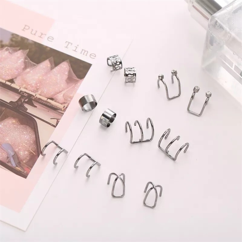 12 pcs/set Ear Cuff Women Cartilage Earrings Non-Piercing Ear Clips Crystal Clip
