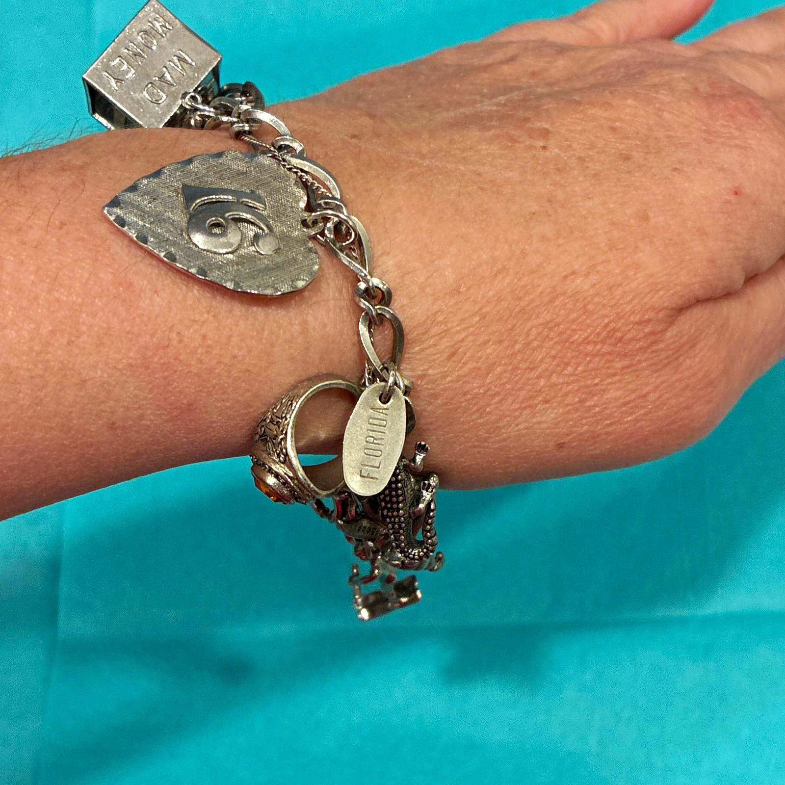Silver Tone Oval Link Charm Chain Bracelet Florida Tag Animal Dangles Yellow