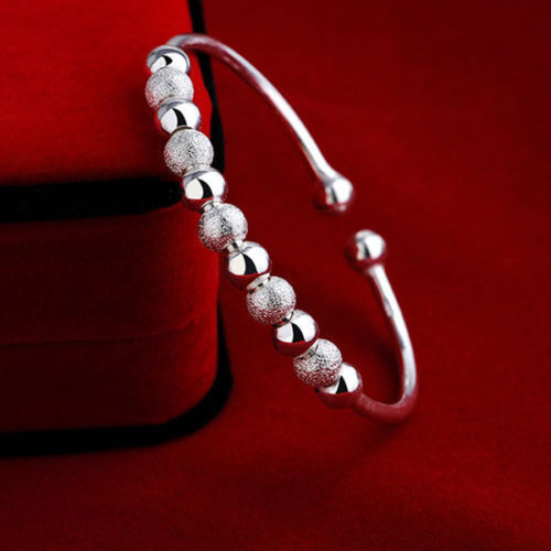 Women Fashion Jewelry 925 Silver Plated Beads Adjustable Cuff Bracelet 18-7