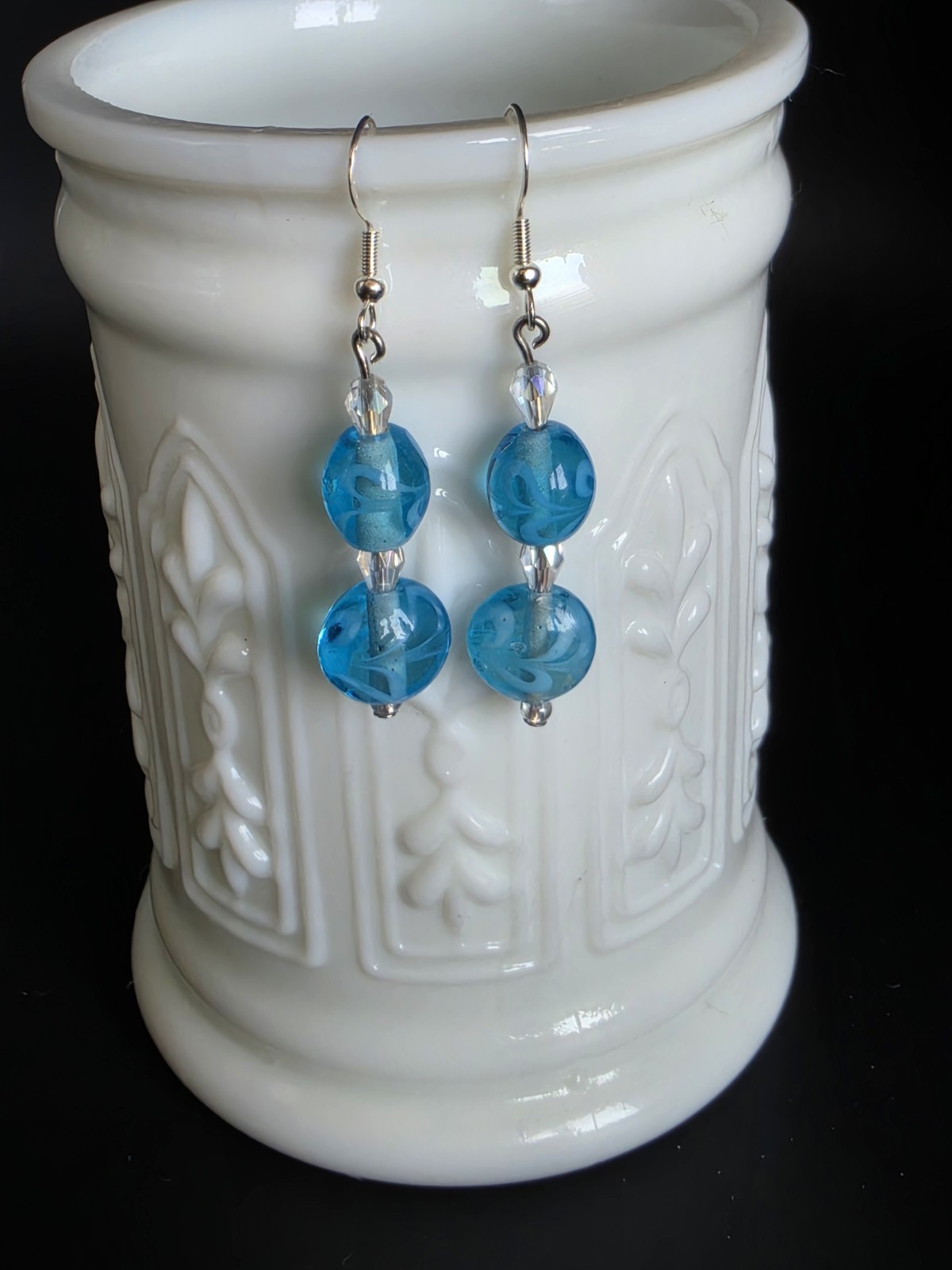 Blue Lampwork Glass Bead & Crystal Silver Tone Earrings Handcrafted