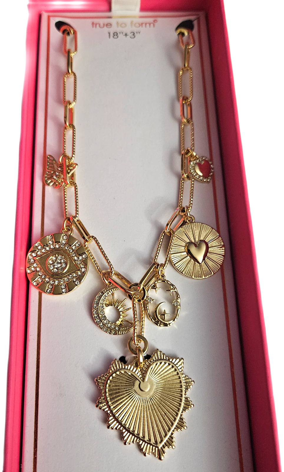 TRUE TO FORM Necklace Heart Star Sun Multi Pendant Gold tone metal 18″ + 3″ NIB