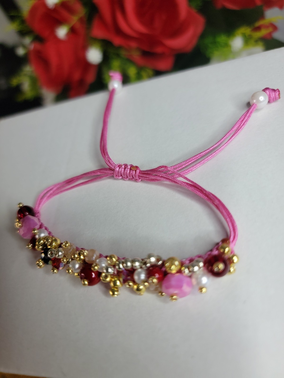 Adjustable Pink Bolo Cord Beaded Charm Bracelet w/ Multicolor Round Beads