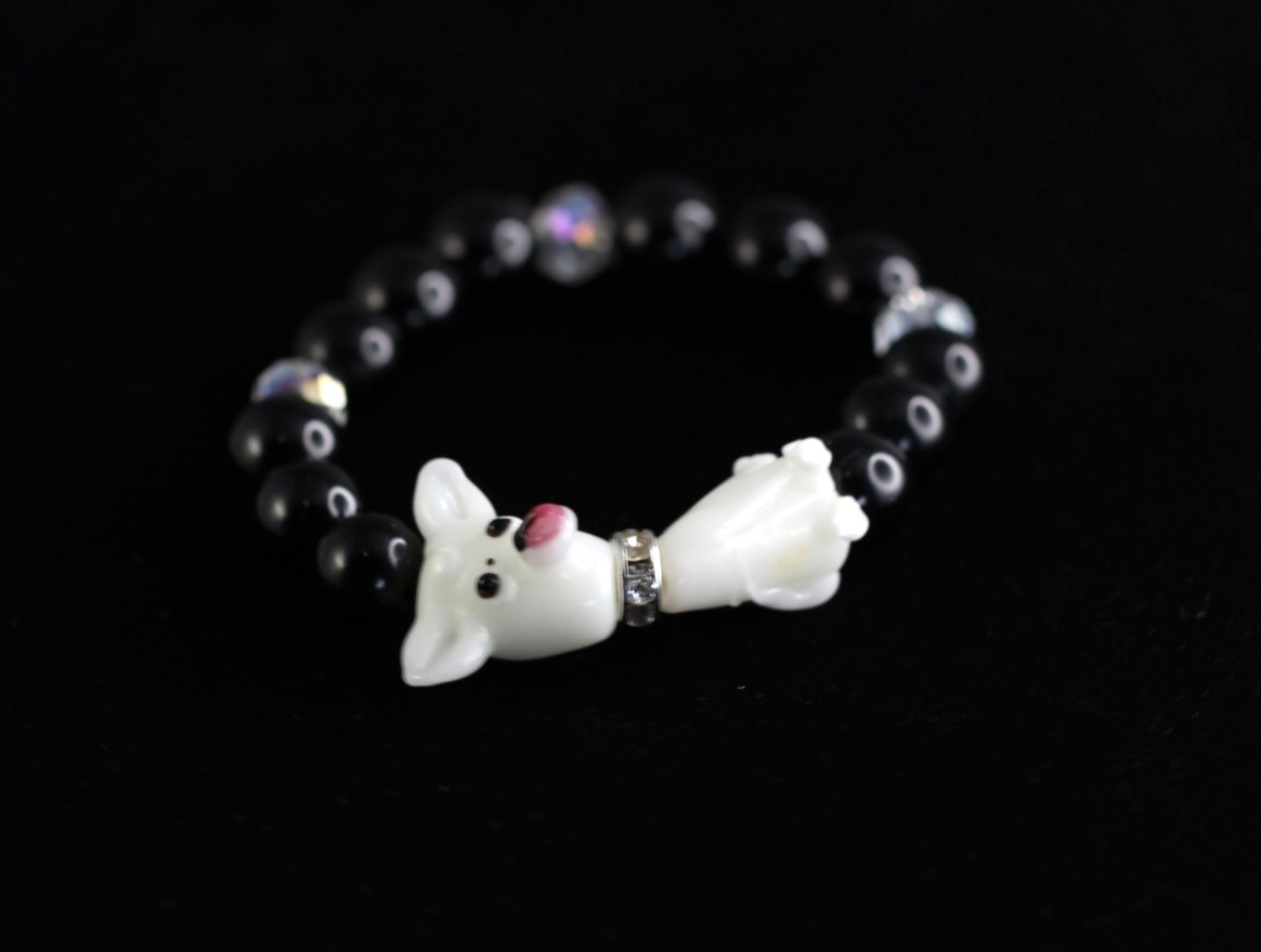 Dog Bracelet White Lampwork 6 inch Elastic Glass Beads Black Onyx and Crystal