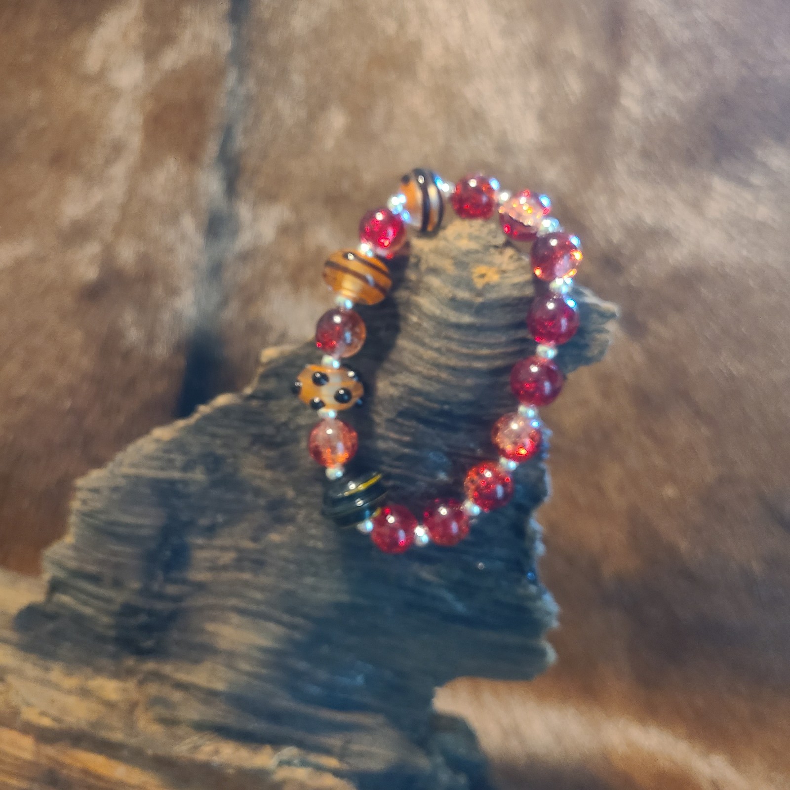 Red Glass Beaded Stretch Bracelet Round Beads Orange Black Silver No Clasp