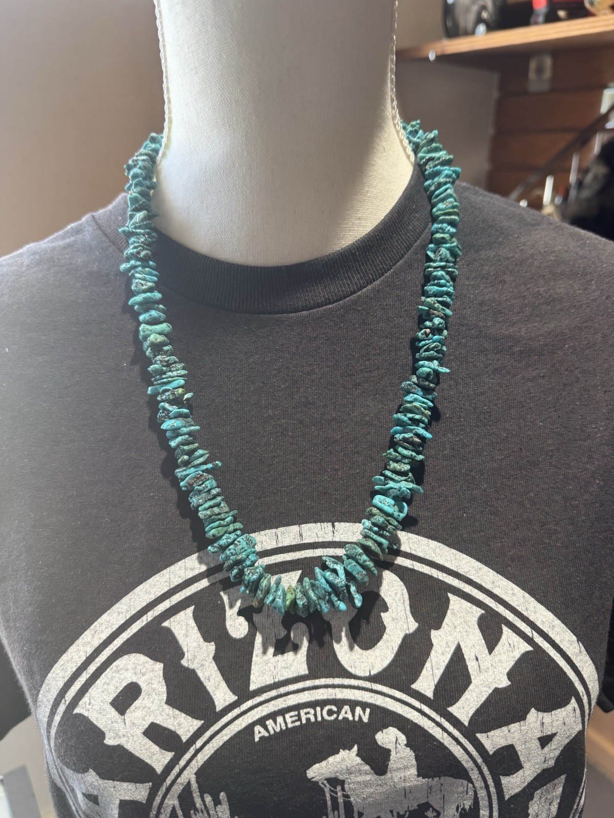 Vintage Turquoise Nugget Chip Bead Necklace 26” Blue Green Stone Southwestern