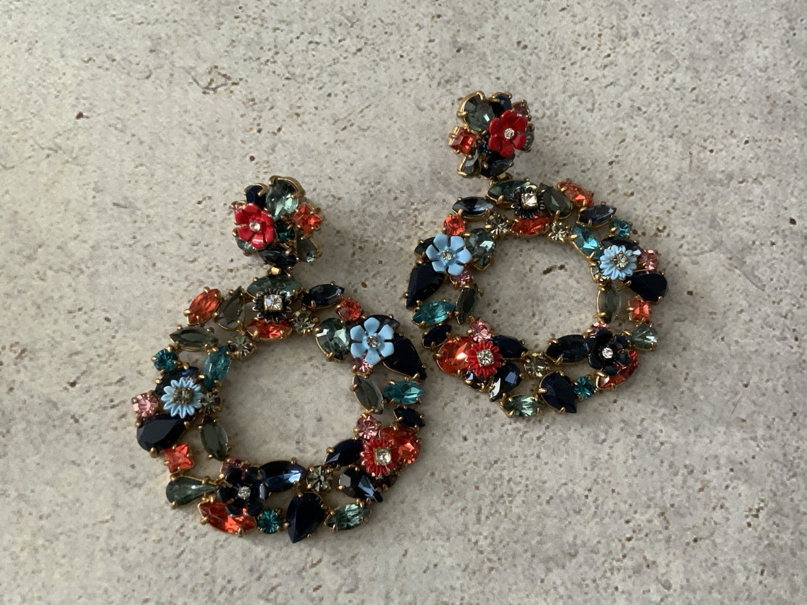 J Crew Floral Rhinestone Hoop Earrings Blue Orange Crystal Statement