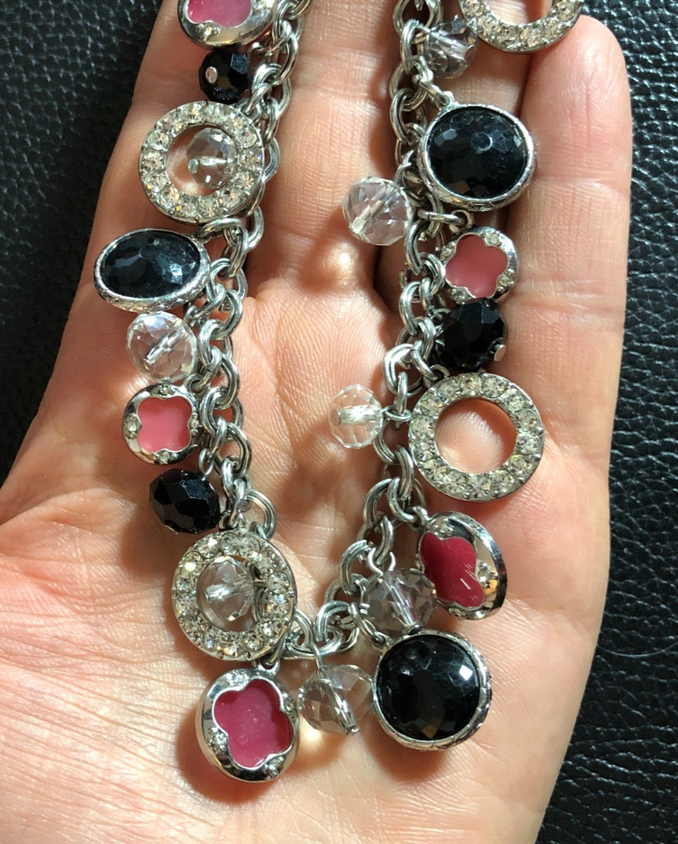 Silver Black Pink Crystal Clover Charm Necklace WHBM + Hoop Earrings Lot 8468