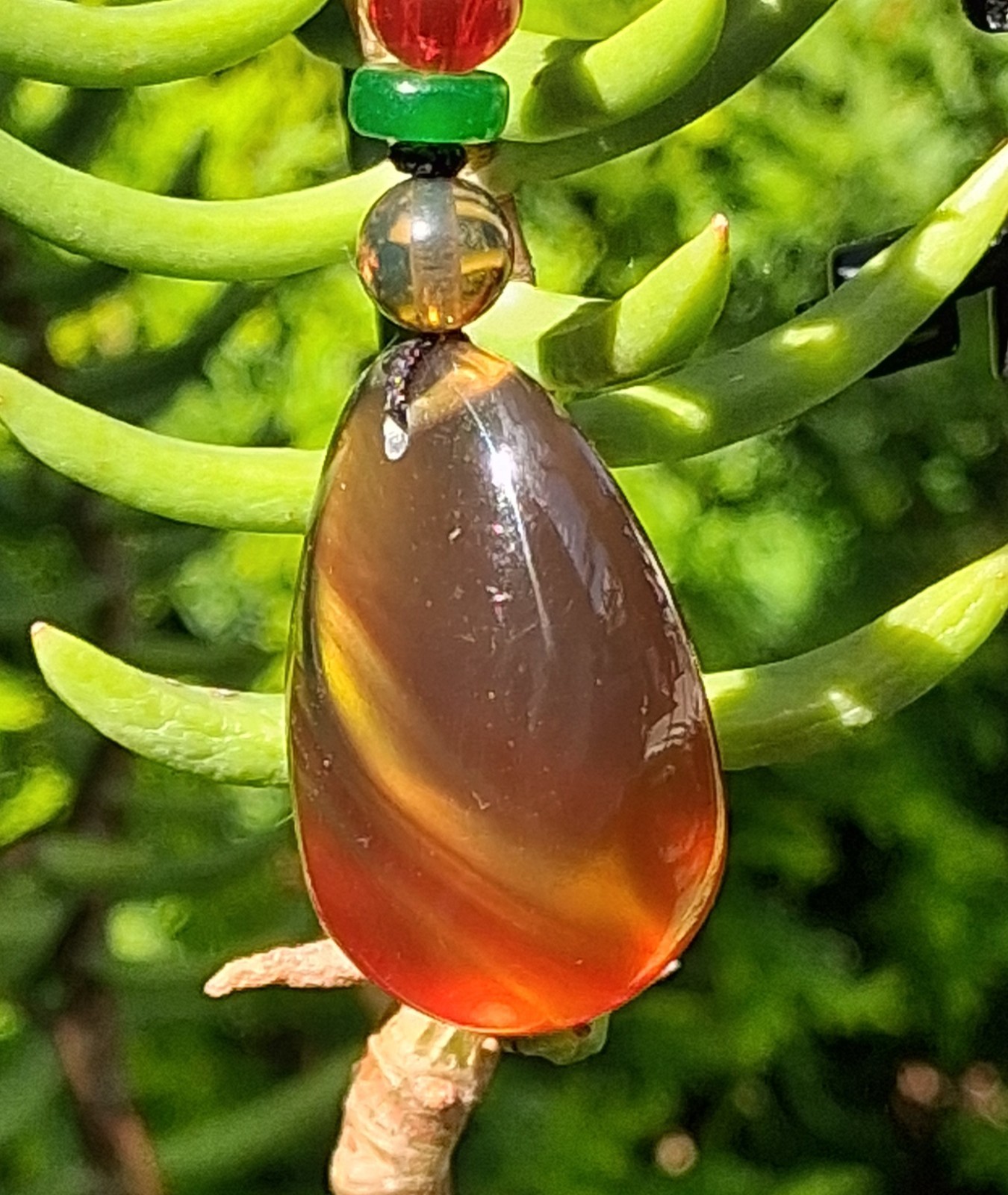 Natural AMBER Oval Pendant Charm Necklace on Black Cord with Red & Green Beads